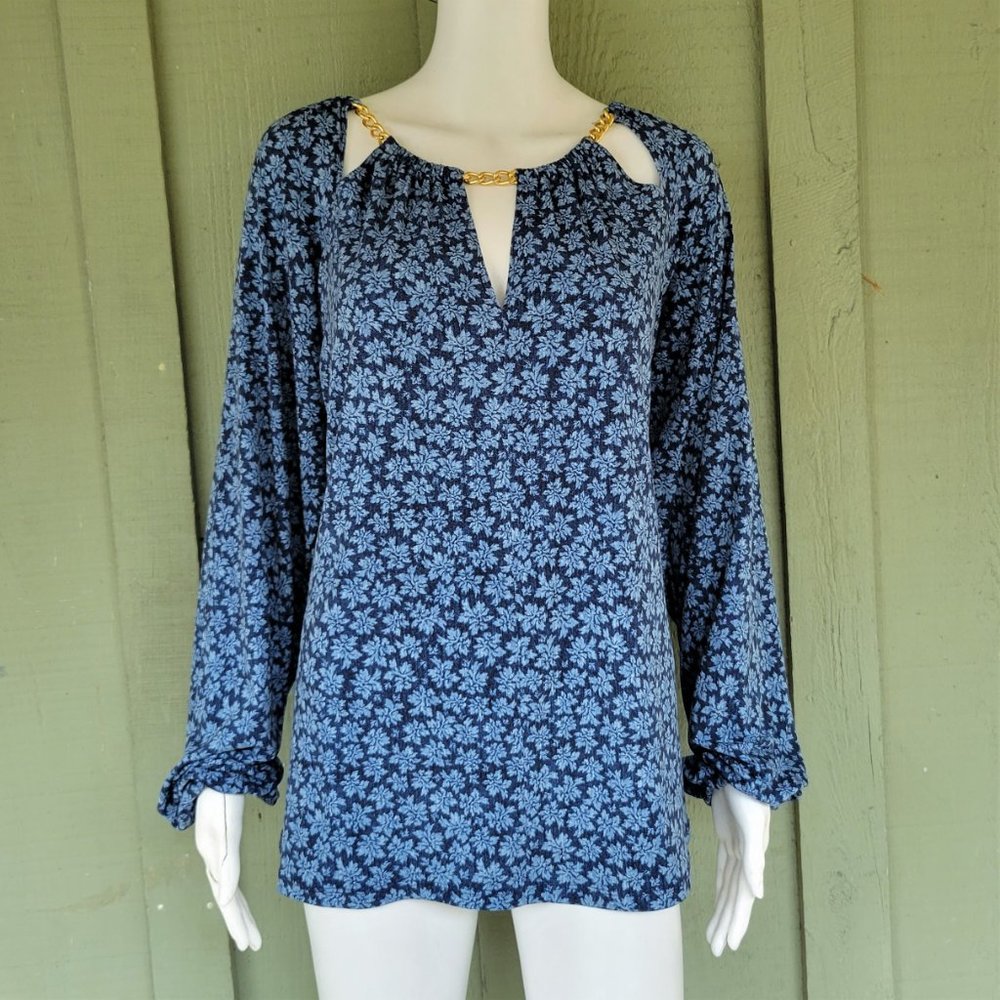 MICHAEL KORS Blue Floral Chain Neckline Top XL